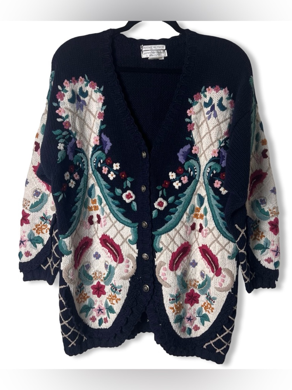 Vtg Jennifer Reed Knitted By Hand Floral Embroidered Cardigan Navy Sz. M